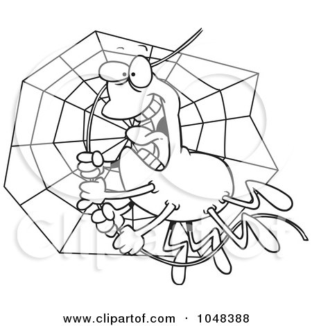 Royalty-Free (RF) Clip Art Illustration of a Cartoon Black And White Outline Design Of A Spider Swinging On Silk by toonaday