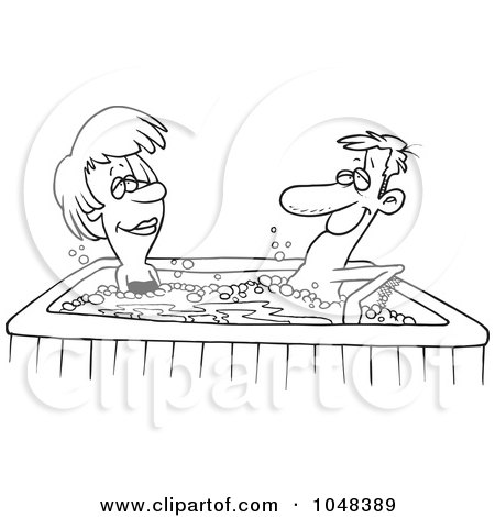 Royalty-Free (RF) Clip Art Illustration of a Cartoon Black And White Outline Design Of A Couple In A Hot Tub by toonaday