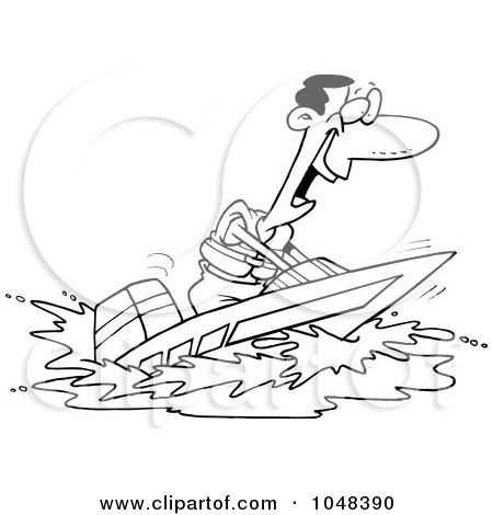 Royalty-Free (RF) Clip Art Illustration of a Cartoon Black And White Outline Design Of A Black Man On A Speed Boat by toonaday