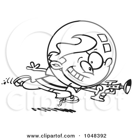 Royalty-Free (RF) Clip Art Illustration of a Cartoon Black And White Outline Design Of A Space Boy Using A Ray Gun by toonaday
