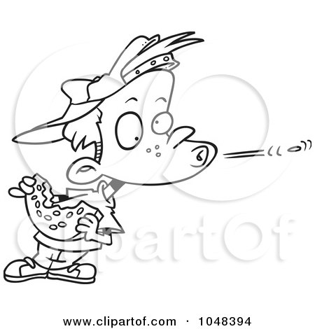 Royalty-Free (RF) Clip Art Illustration of a Cartoon Black And White Outline Design Of A Boy Spitting A Watermelon Seed by toonaday