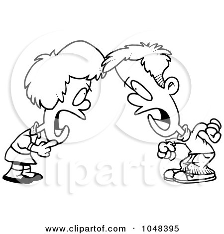 Royalty-Free (RF) Clip Art Illustration of a Cartoon Black And White Outline Design Of A Boy And Girl Having A Yelling Match by toonaday