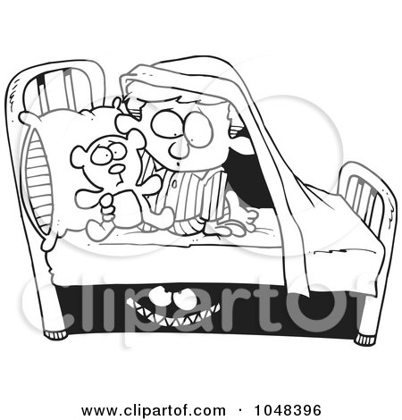 Royalty-Free (RF) Clip Art Illustration of a Cartoon Black And White Outline Design Of A Monster Scaring A Boy Under A Bed by toonaday