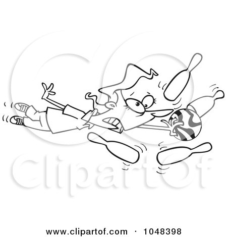Royalty-Free (RF) Clip Art Illustration of a Cartoon Black And White Outline Design Of A Woman Stuck To Her Bowling Ball by toonaday