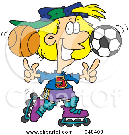 Royalty-Free (RF) Clip Art Illustration of a Cartoon Sporty Girl Roller Blading With A Basketball And Soccer Ball by toonaday
