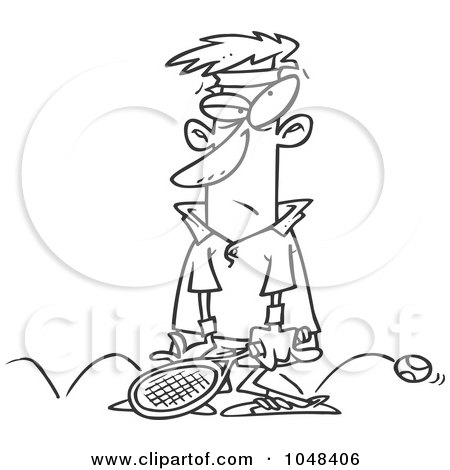 Royalty-Free (RF) Clip Art Illustration of a Cartoon Black And White Outline Design Of A Sore Tennis Loser by toonaday