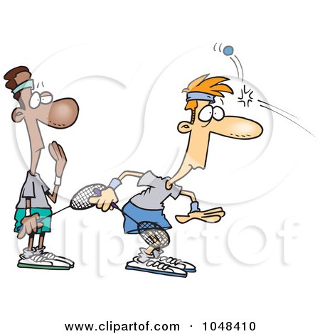 Royalty-Free (RF) Clip Art Illustration of a Cartoon Squash Ball Hitting A Player by toonaday