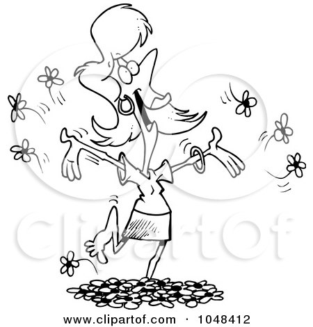 Royalty-Free (RF) Clip Art Illustration of a Cartoon Black And White Outline Design Of A Woman Playing In Spring Flowers by toonaday