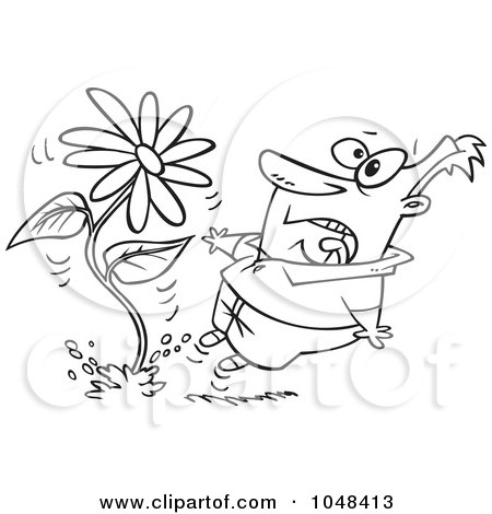 Royalty-Free (RF) Clip Art Illustration of a Cartoon Black And White Outline Design Of A Man Screaming At A Giant Daisy Springing Up by toonaday