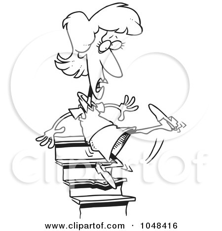 Royalty-Free (RF) Clip Art Illustration of a Cartoon Black And White Outline Design Of A Woman Falling Down Stairs by toonaday