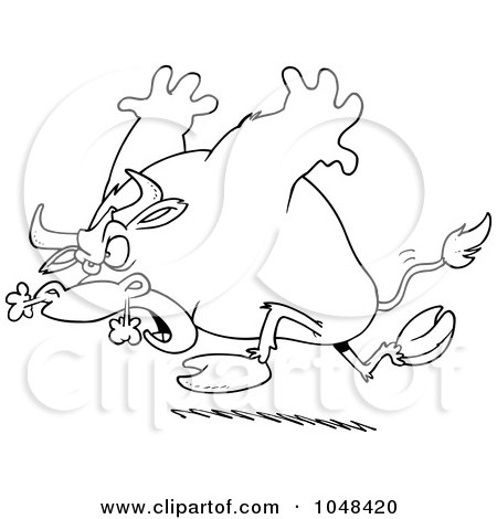 Royalty-Free (RF) Clip Art Illustration of a Cartoon Black And White Outline Design Of A Raging Bull by toonaday