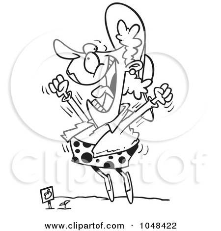 Royalty-Free (RF) Clip Art Illustration of a Cartoon Black And White Outline Design Of A Woman Excited Over A Sprout by toonaday
