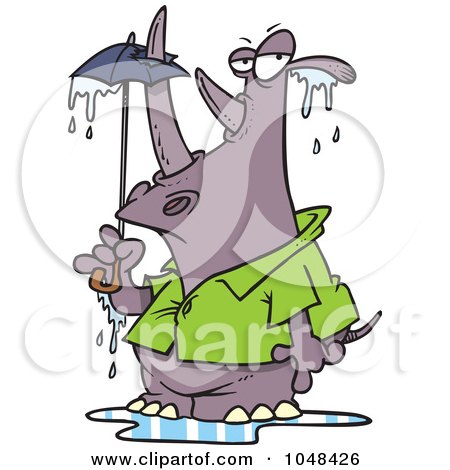 Royalty-Free (RF) Clip Art Illustration of a Cartoon Rhino Puncturing An Umbrella With His Horn by toonaday