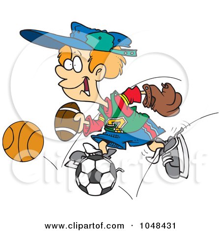 Royalty-Free (RF) Clip Art Illustration of a Cartoon Sporty Boy With A Baseball Glove, Basketball, Football And Soccer Ball by toonaday