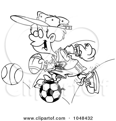 Royalty-Free (RF) Clip Art Illustration of a Cartoon Black And White Outline Design Of A Sporty Boy With A Baseball Glove, Basketball, Football And Soccer Ball by toonaday