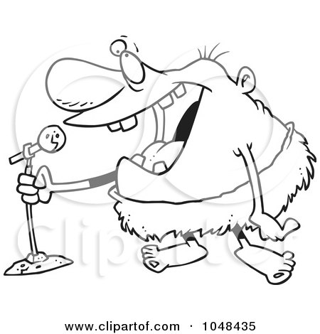 Royalty-Free (RF) Clip Art Illustration of a Cartoon Black And White Outline Design Of A Stand Up Comedian Caveman by toonaday