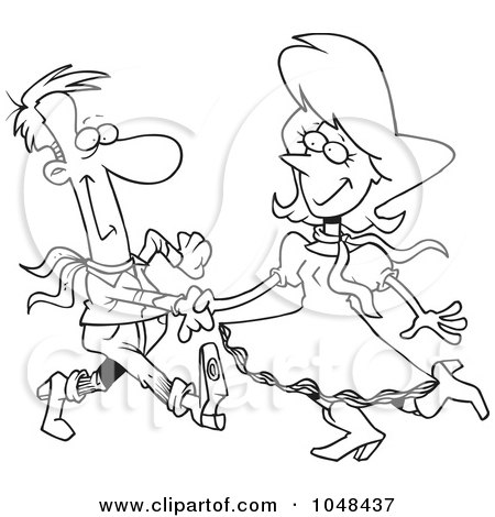 Royalty-Free (RF) Clip Art Illustration of a Cartoon Black And White Outline Design Of A Square Dancing Couple by toonaday