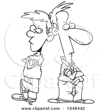 Royalty-Free (RF) Clip Art Illustration of a Cartoon Black And White Outline Design Of A Father And Son Having A Stand Off by toonaday