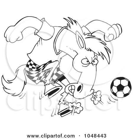Royalty-Free (RF) Clip Art Illustration of a Cartoon Black And White Outline Design Of A Soccer Stallion by toonaday