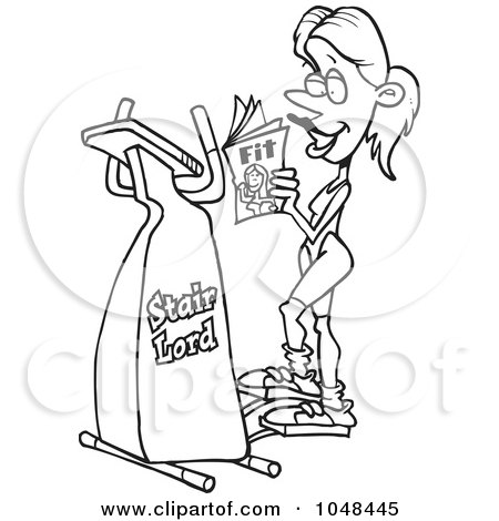 Royalty-Free (RF) Clip Art Illustration of a Cartoon Black And White Outline Design Of A Woman Exercising On A Stair Lord by toonaday