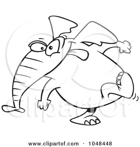 Royalty-Free (RF) Clip Art Illustration of a Cartoon Black And White Outline Design Of An Elephant Exiting Stage Left by toonaday