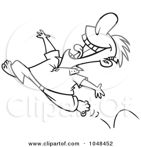 Royalty-Free (RF) Clip Art Illustration of a Cartoon Black And White Outline Design Of A Happy Springy Man Running Barefoot by toonaday
