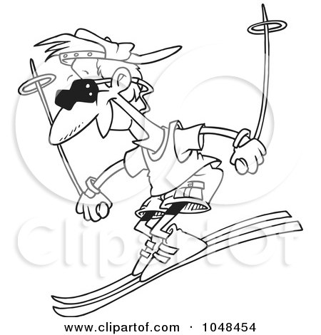Royalty-Free (RF) Clip Art Illustration of a Cartoon Black And White Outline Design Of A Cool Skiing Guy by toonaday
