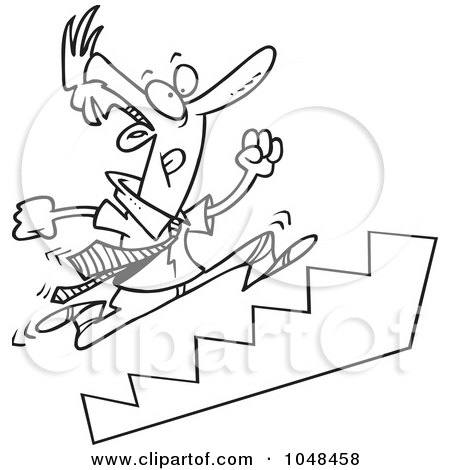Royalty-Free (RF) Clip Art Illustration of a Cartoon Black And White Outline Design Of A Businessman Running Up Stairs by toonaday