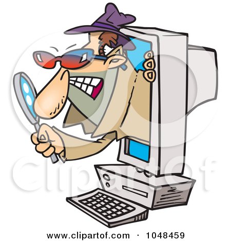Royalty-Free (RF) Clip Art Illustration of a Cartoon Spyware Man Popping Out Of A Computer by toonaday