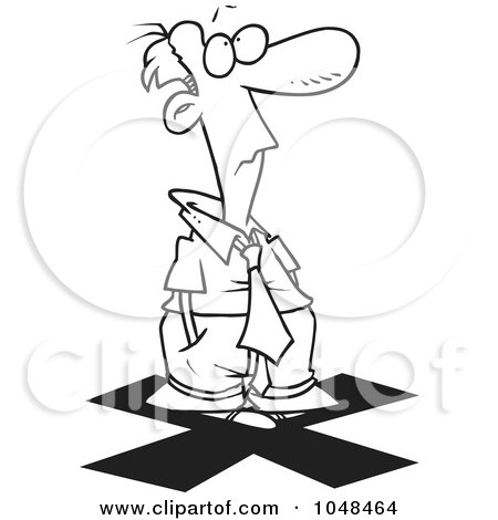 Royalty-Free (RF) Clip Art Illustration of a Cartoon Black And White Outline Design Of A Businessman Standing On An X by toonaday