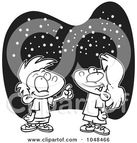 Royalty-Free (RF) Clip Art Illustration of a Cartoon Black And White Outline Design Of A Boy And Girl Gazing At The Stars by toonaday