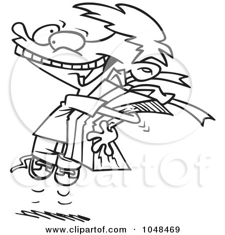 Royalty-Free (RF) Clip Art Illustration of a Cartoon Black And White Outline Design Of A Boy Squeezing A Gift by toonaday