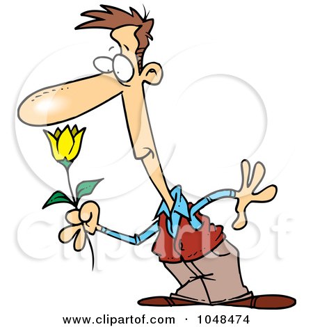 Royalty-Free (RF) Clip Art Illustration of a Cartoon Guy Smelling A Spring Flower by toonaday