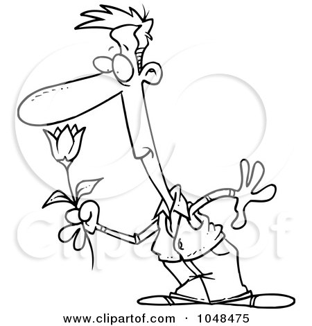 Royalty-Free (RF) Clip Art Illustration of a Cartoon Black And White Outline Design Of A Guy Smelling A Spring Flower by toonaday