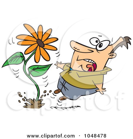 Royalty-Free (RF) Clip Art Illustration of a Cartoon Man Screaming At A Giant Daisy Springing Up by toonaday