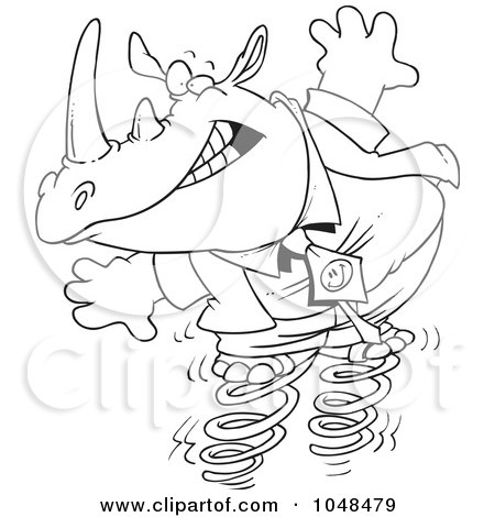 Royalty-Free (RF) Clip Art Illustration of a Cartoon Black And White Outline Design Of A Rhino Jumping On Springs by toonaday
