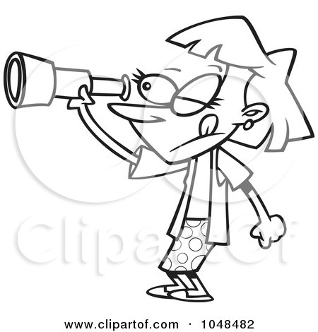 Royalty-Free (RF) Clip Art Illustration of a Cartoon Black And White Outline Design Of A Spying Woman by toonaday