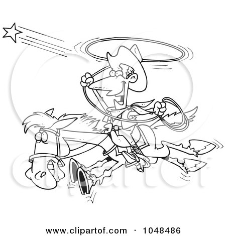 Royalty-Free (RF) Clip Art Illustration of a Cartoon Black And White Outline Design Of A Cowboy Trying To Catch A Star by toonaday
