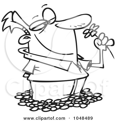 Royalty-Free (RF) Clip Art Illustration of a Cartoon Black And White Outline Design Of A Spring Bliss Man Smelling Flowers by toonaday