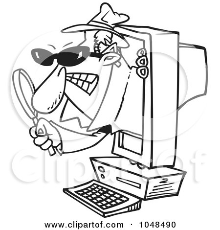 Royalty-Free (RF) Clip Art Illustration of a Cartoon Black And White Outline Design Of A Spyware Man Popping Out Of A Computer by toonaday