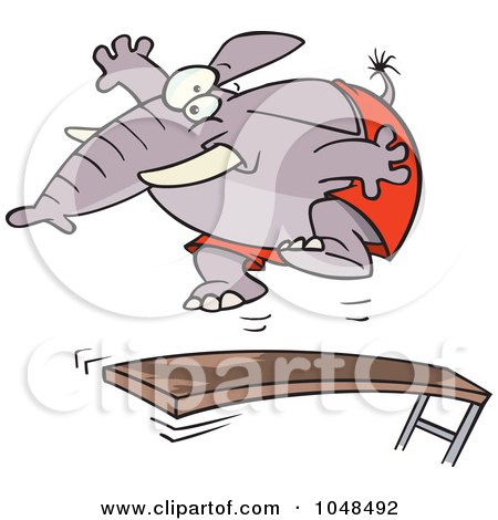 Royalty-Free (RF) Clip Art Illustration of a Cartoon Elephant Jumping On A Diving Board by toonaday