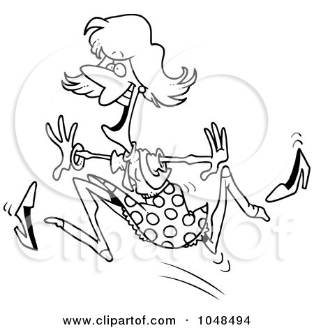 Royalty-Free (RF) Clip Art Illustration of a Cartoon Black And White Outline Design Of A Woman Running And Losing Her Shoes by toonaday