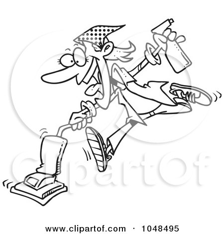 Royalty-Free (RF) Clip Art Illustration of a Cartoon Black And White Outline Design Of A Spring Cleaning Woman Vacuuming by toonaday