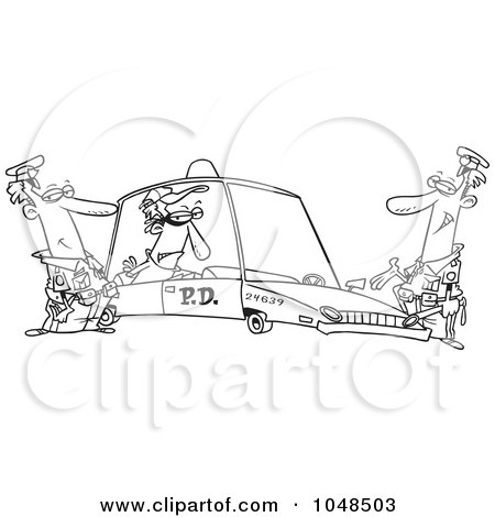 Royalty-Free (RF) Clip Art Illustration of a Cartoon Black And White Outline Design Of A Cops With A Robber In A Squad Car by toonaday