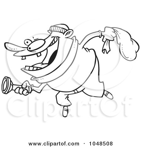 Royalty-Free (RF) Clip Art Illustration of a Cartoon Black And White Outline Design Of A Robber Using A Flashlight by toonaday