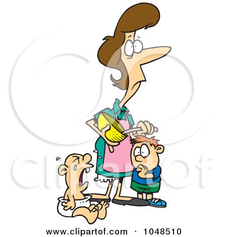 Royalty-Free (RF) Clip Art Illustration of a Cartoon Stressed Mom Using A Mixing Bowl Near Her Crying Baby by toonaday