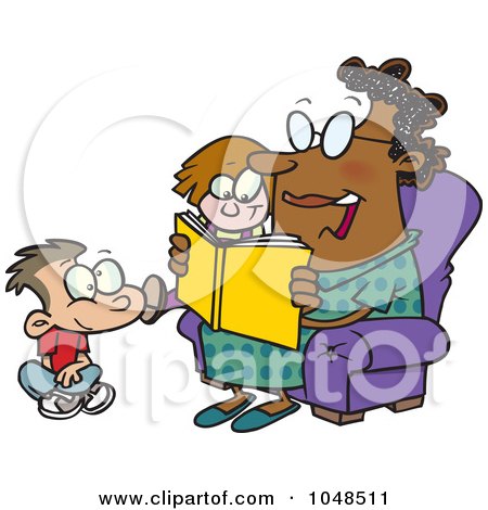 Royalty-Free (RF) Clip Art Illustration of a Cartoon Woman Reading A Book To A Boy And Girl At Story Time by toonaday