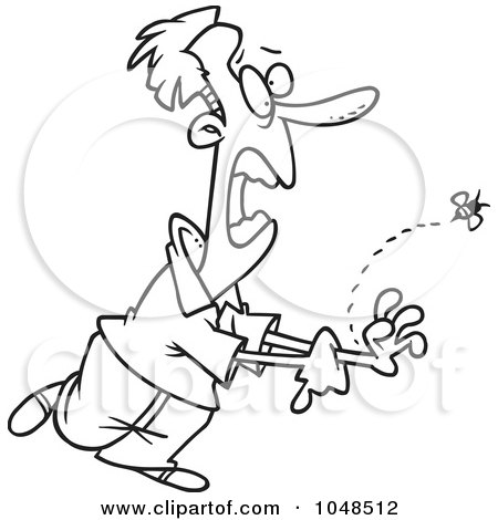 Royalty-Free (RF) Clip Art Illustration of a Cartoon Black And White Outline Design Of A Bee Stinging A Man by toonaday