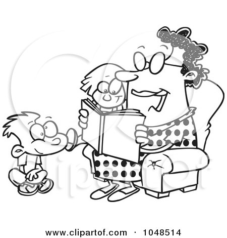 Royalty-Free (RF) Clip Art Illustration of a Cartoon Black And White Outline Design Of A Woman Reading A Book To A Boy And Girl At Story Time by toonaday