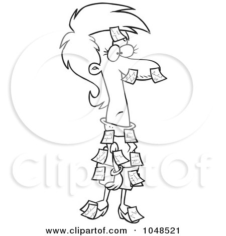 Royalty-Free (RF) Clip Art Illustration of a Cartoon Black And White Outline Design Of A Businesswoman Covered In Sticky Notes by toonaday
